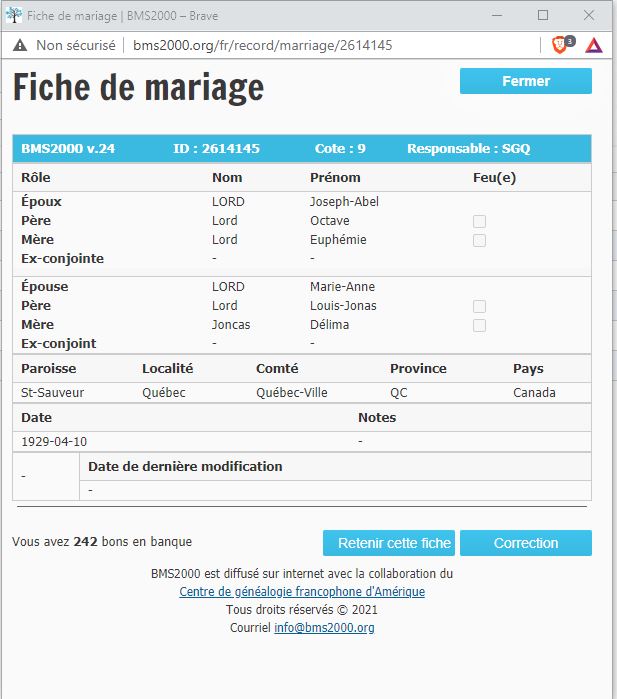 Fiche de mariage de la base de données BMS2000
