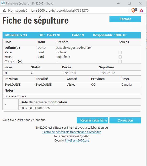Fiche de sépulture de la base de données BMS2000
