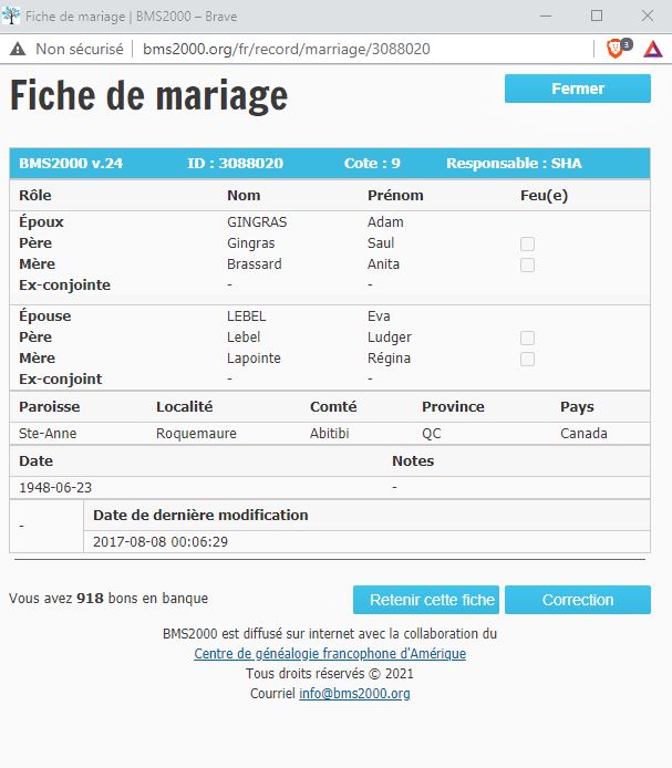 Fiche de mariage de la base de données BMS2000