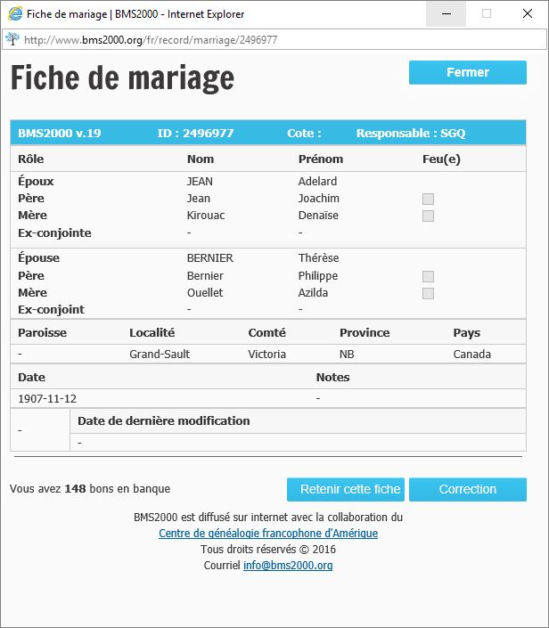 Fiche de mariage de la base de données BMS2000