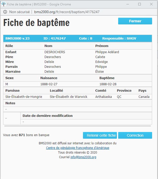 Fiche de baptême de la base de données BMS2000 Fiche de baptême de la base de données BMS2000