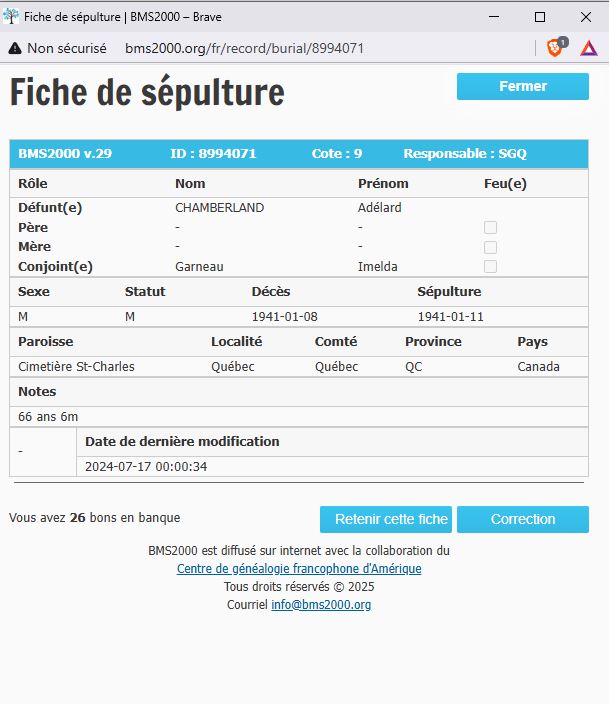 Fiche de sépulture de la base de données BMS2000