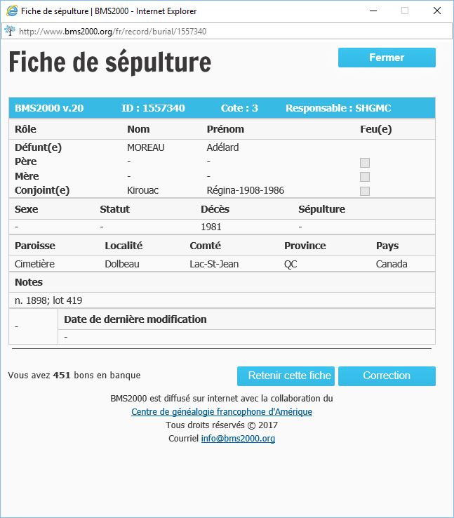 Fiche de sépulture de la base de données BMS2000