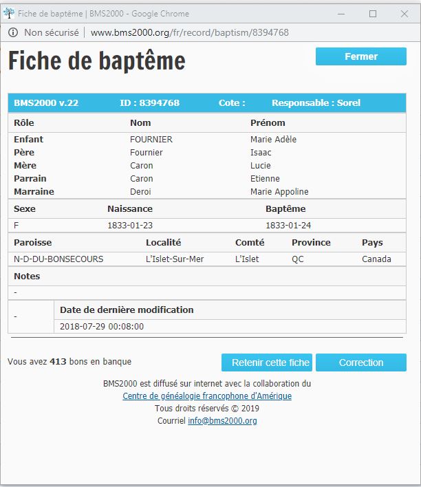 Fiche de baptême de la base de données BMS2000