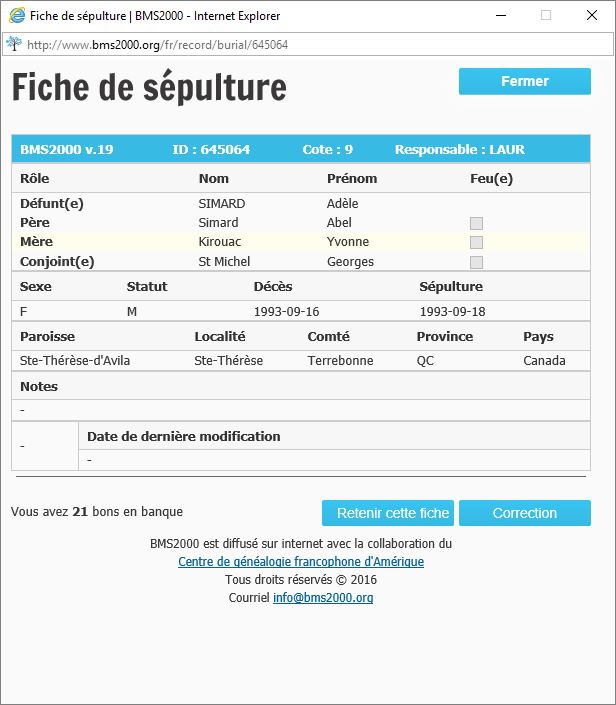 Fiche de sépulture de la base de données BMS2000