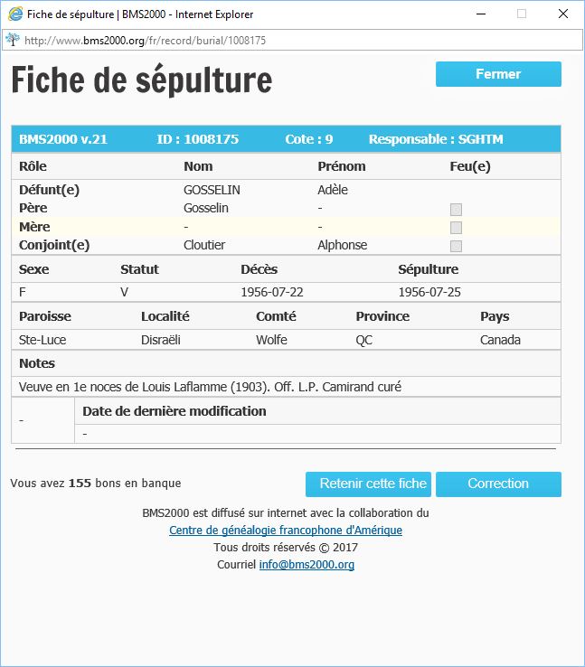 Fiche de sépulture de la base de données BMS2000