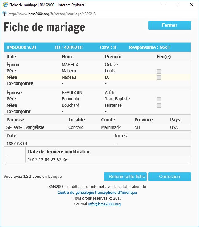 Fiche de mariage de la base de données BMS2000