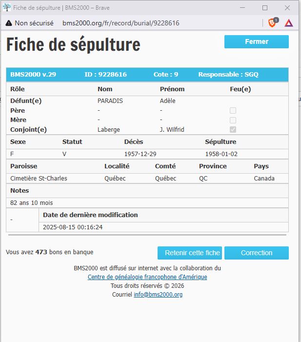 Fiche de sépulture de la base de données BMS2000