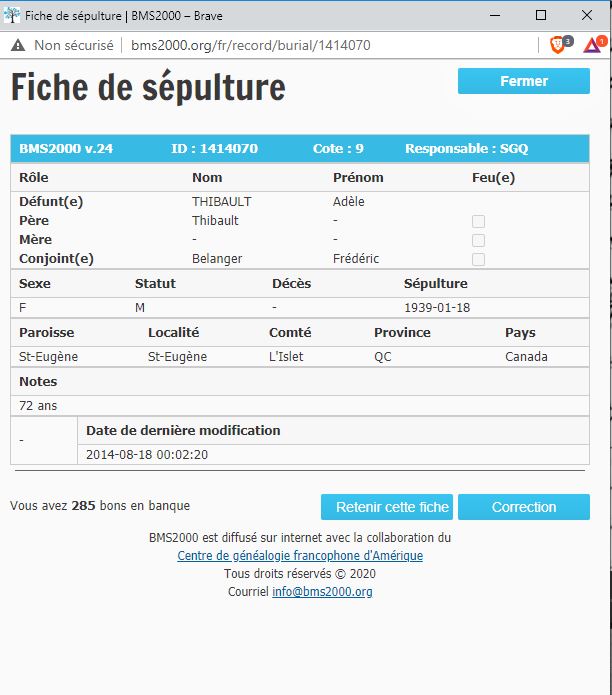 Fiche de sépulture de la base de données BMS2000
