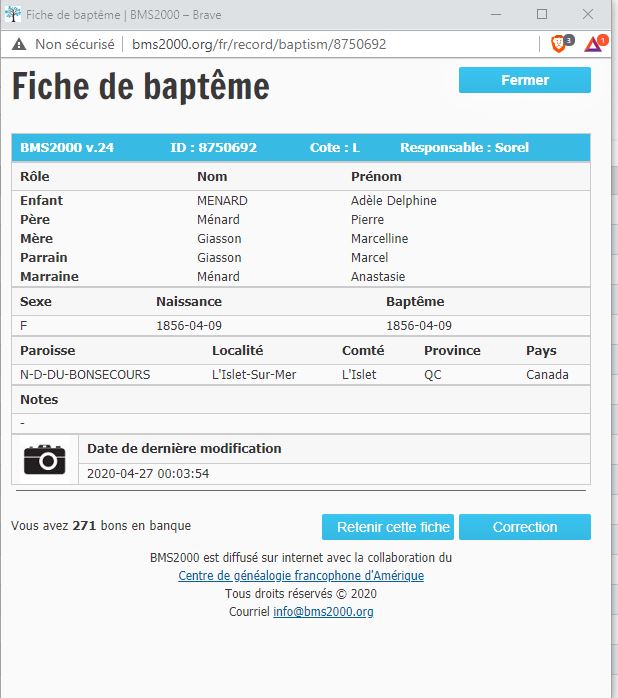 Fiche de baptême de la base de données BMS2000