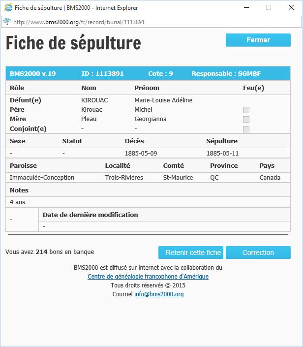 Fiche de sépulture de la base de données BMS2000