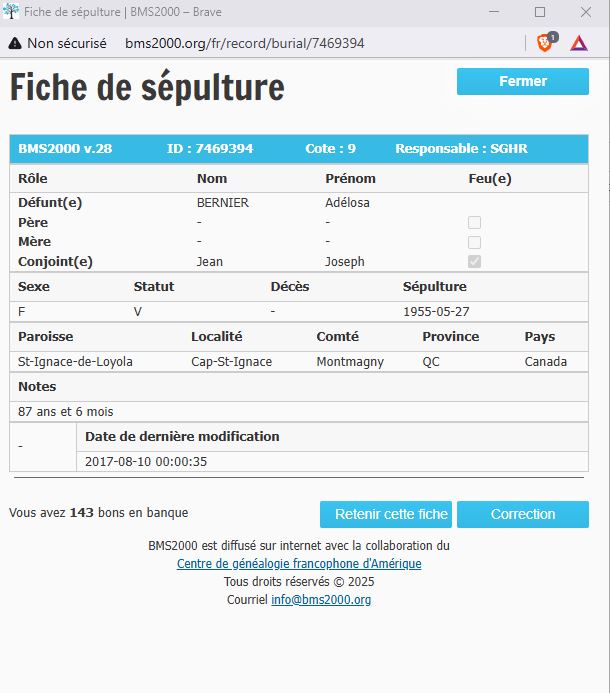 Fiche de sépulture de la base de données BMS2000