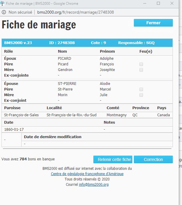 Fiche de mariage de la base de données BMS2000