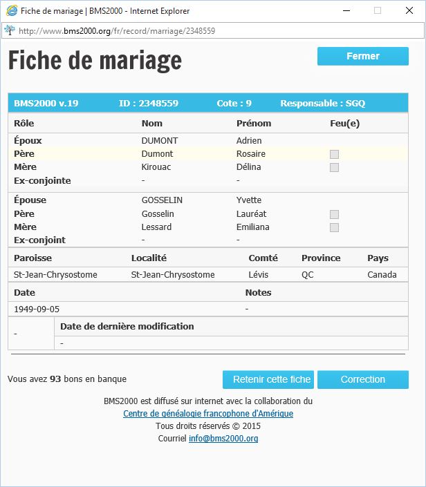 Fiche de mariage de la base de données BMS2000