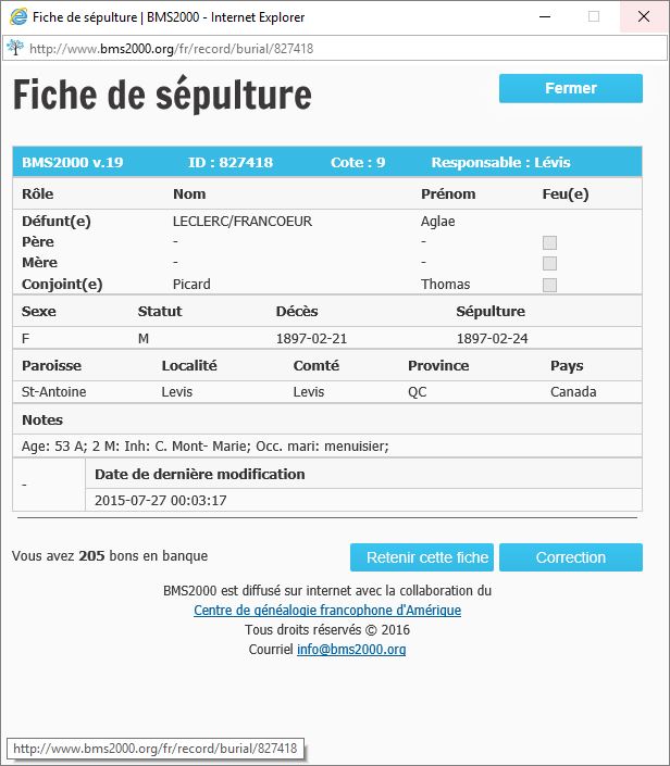 Fiche de sépulture de la base de données BMS2000