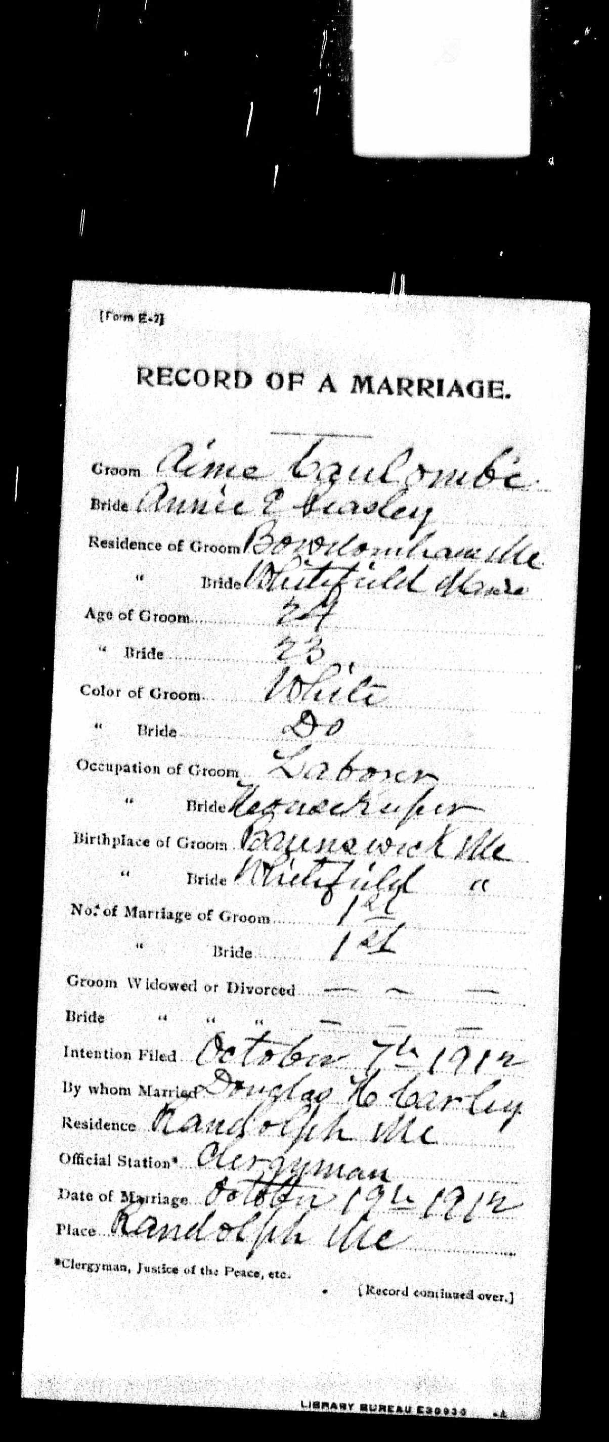 Enregistrement du mariage, recto