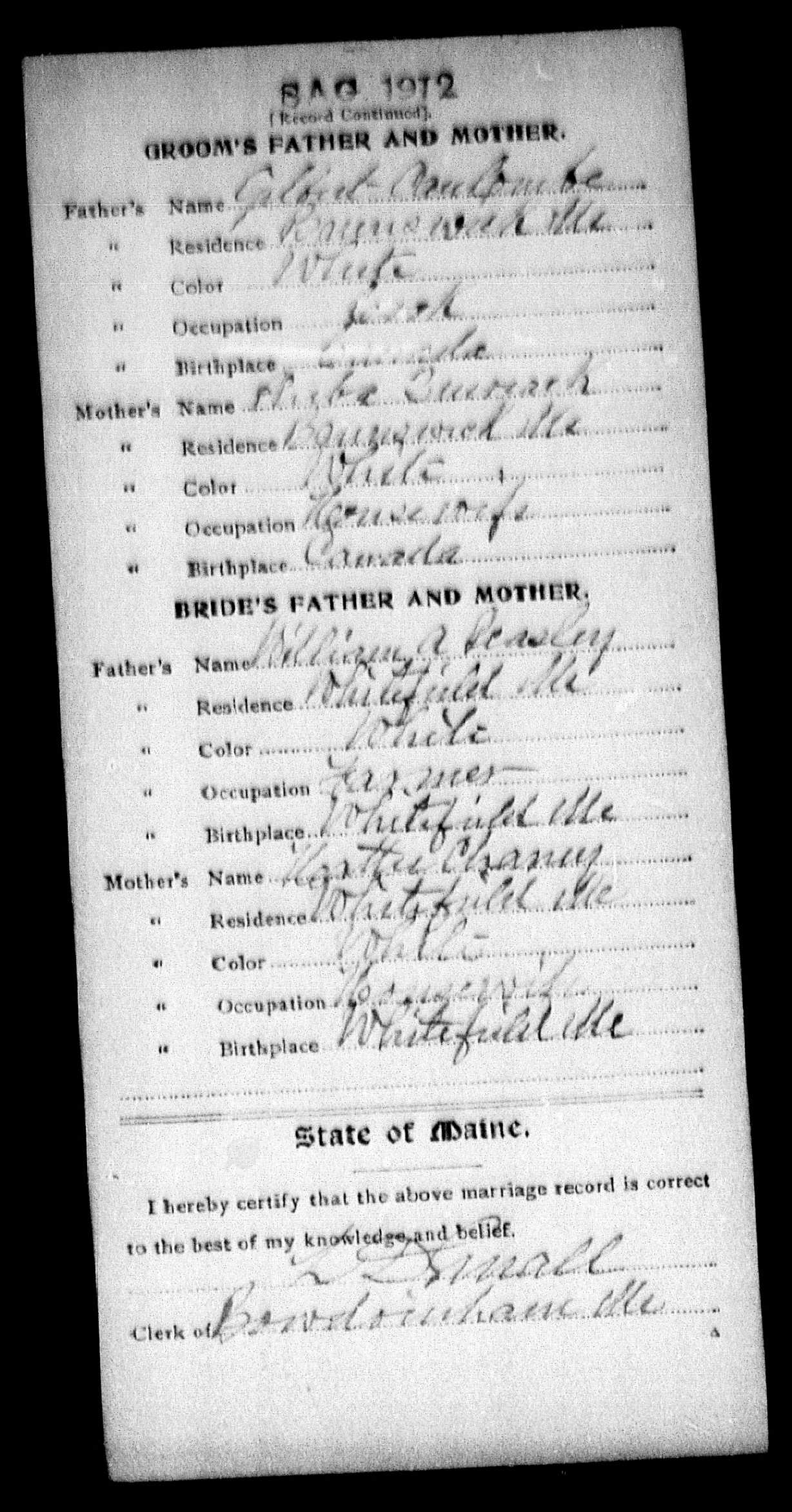 Enregistrement du mariage, verso
