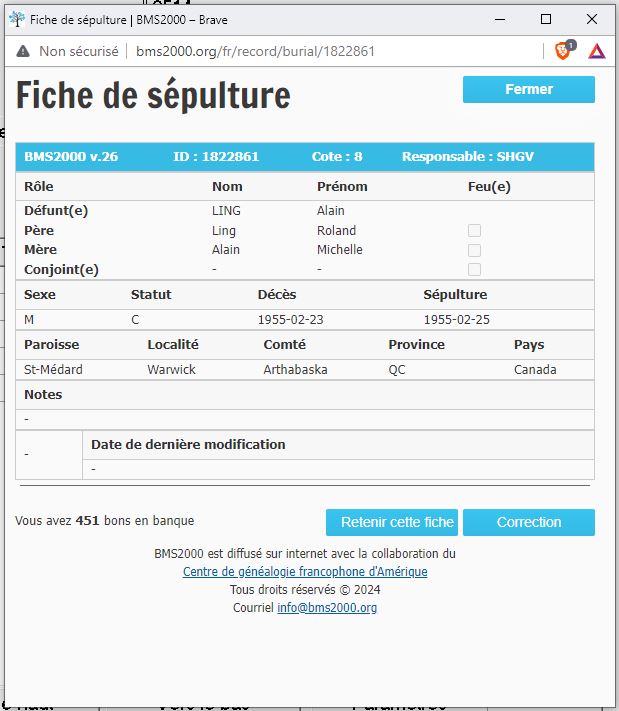 Fiche de sépulture de la base de données BMS2000