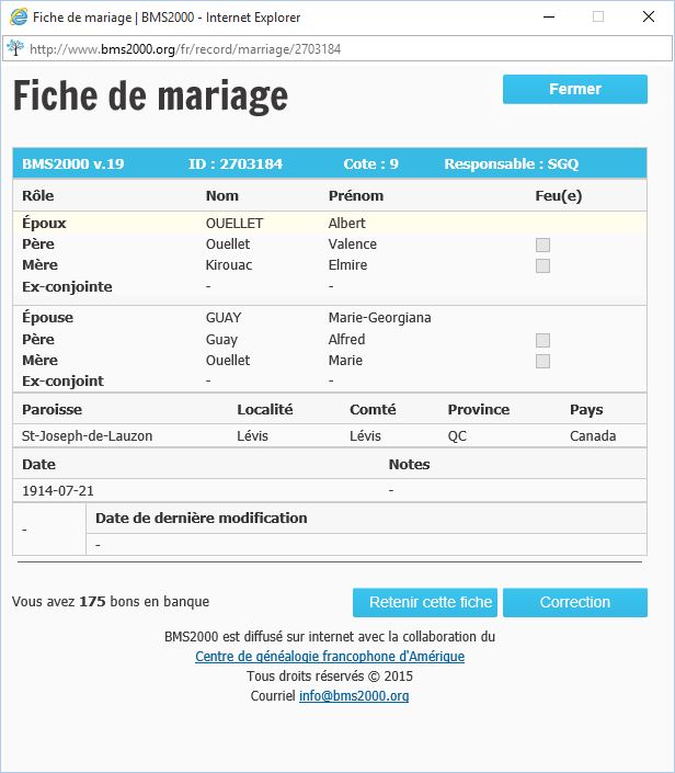 Fiche de mariage de la base de données BMS2000