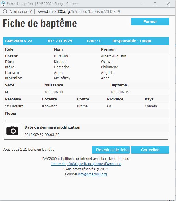 Fiche de baptême de la base de données BMS2000