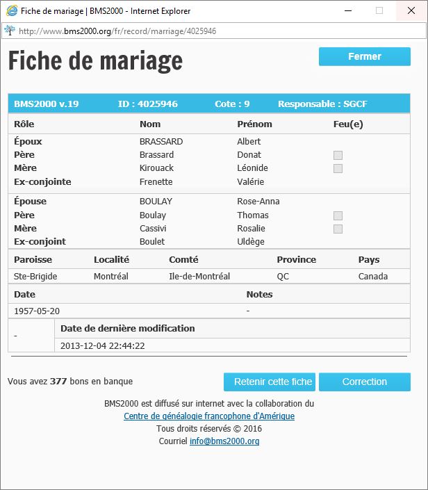 Fiche de mariage de la base de données BMS2000 Fiche de mariage de la base de données BMS2000