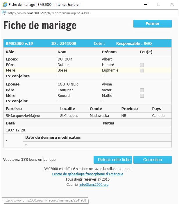 Fiche de mariage de la base de données BMS2000 Fiche de mariage de la base de données BMS2000
