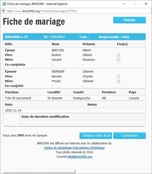 Fiche de mariage de la base de données BMS2000 Fiche de mariage de la base de données BMS2000