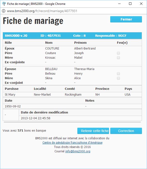 Fiche de mariage de la base de données BMS2000