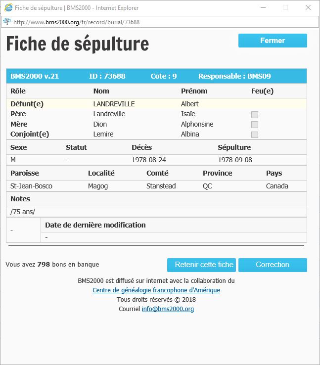 Fiche de sépulture de la base de données BMS2000