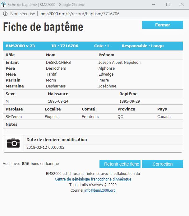 Fiche de baptême de la base de données BMS2000