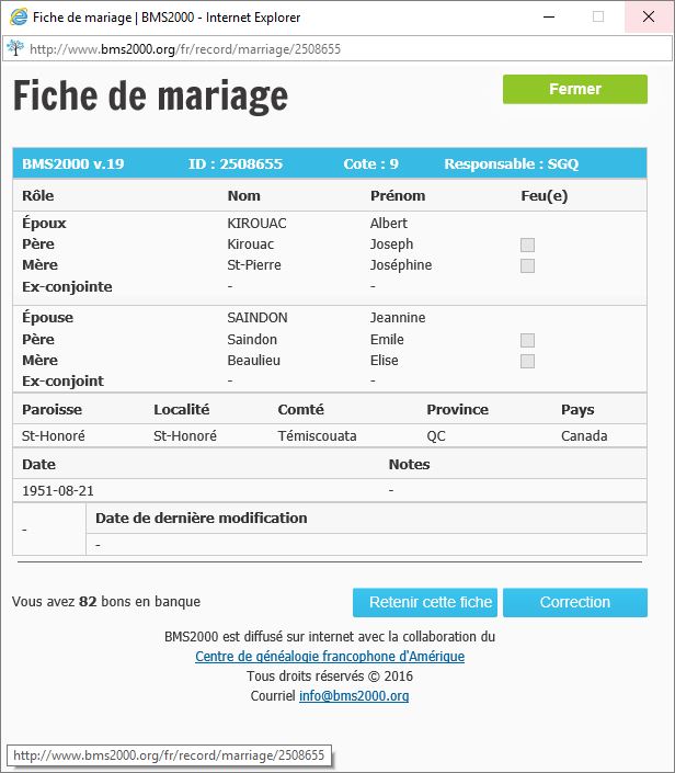Fiche de mariage de la base de données BMS2000
