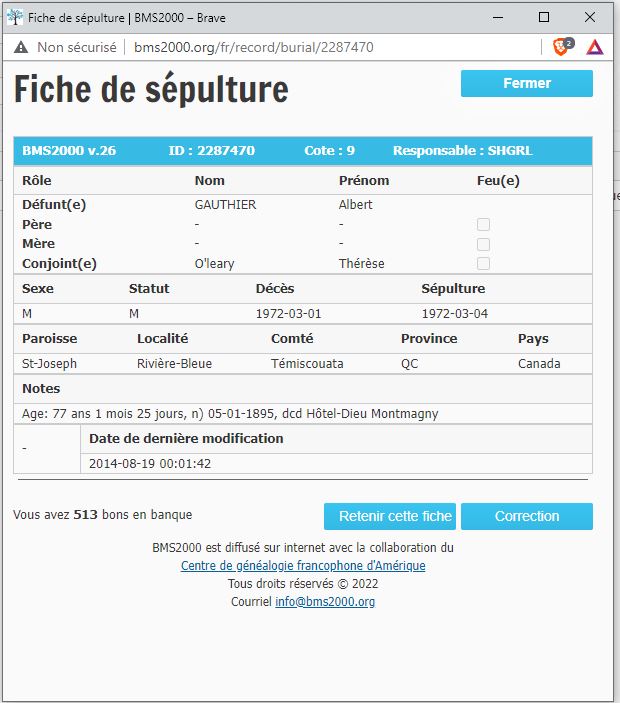 Fiche de sépulture de la base de données BMS2000