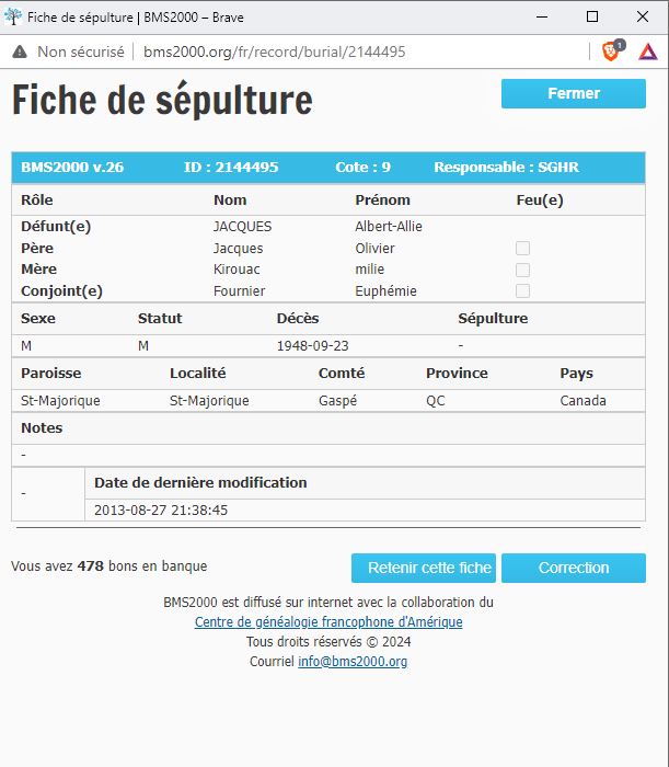 Fiche de sépulture de la base de données BMS2000
