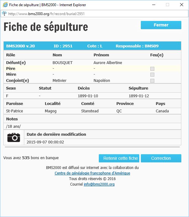 Fiche de sépulture de la base de données BMS2000 Fiche de sépulture de la base de données BMS2000