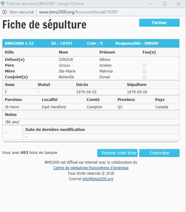 Fiche de sépulture de la base de données BMS2000