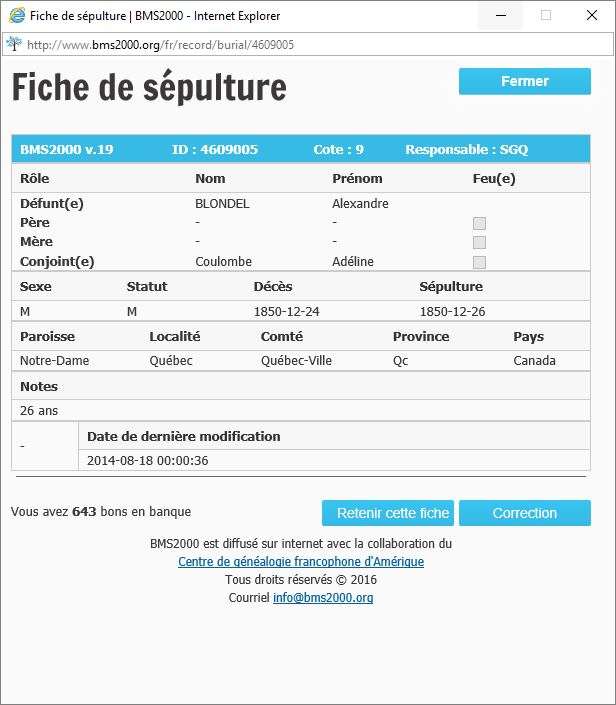 Fiche de sépulture de la base de données BMS2000