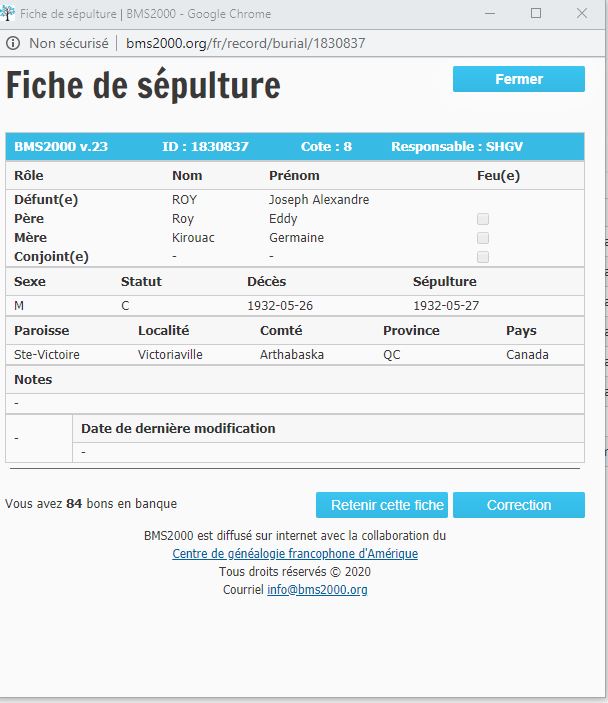 Fiche de sépulture de la base de données BMS2000