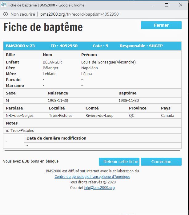 Fiche de baptême de la base de données BMS2000