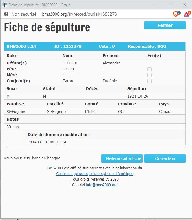 Fiche de sépulture de la base de données BMS2000