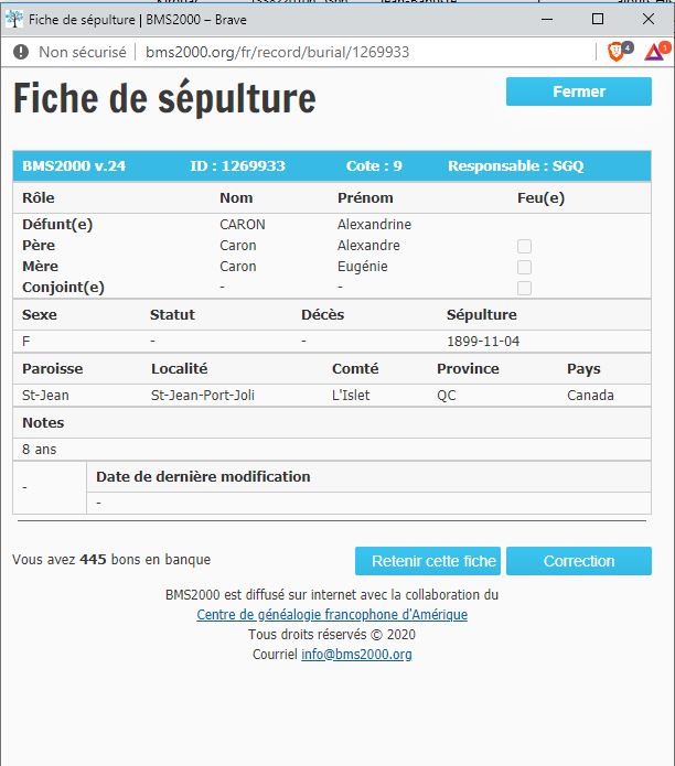 Fiche de sépulture de la base de données BMS2000