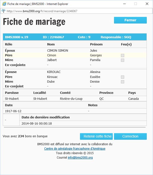 Fiche de mariage de la base de données BMS2000