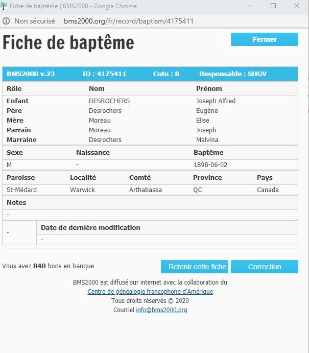 Fiche de baptême de la base de données BMS2000