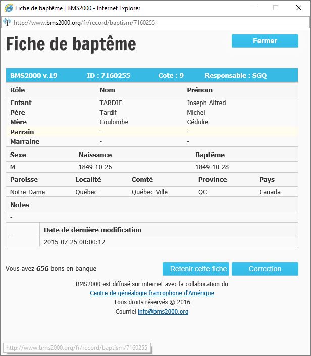Fiche de baptême de la base de données BMS2000