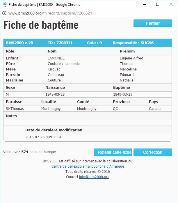 Fiche de baptême de la base de données BMS2000