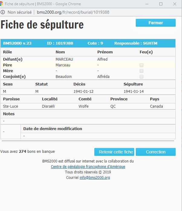Fiche de sépulture de la base de données BMS2000