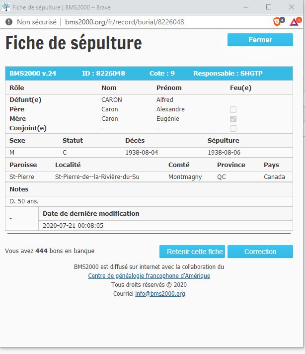 Fiche de sépulture de la base de données BMS2000