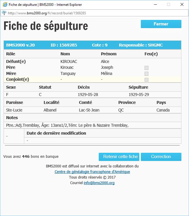 Fiche de sépulture de la base de données BMS2000