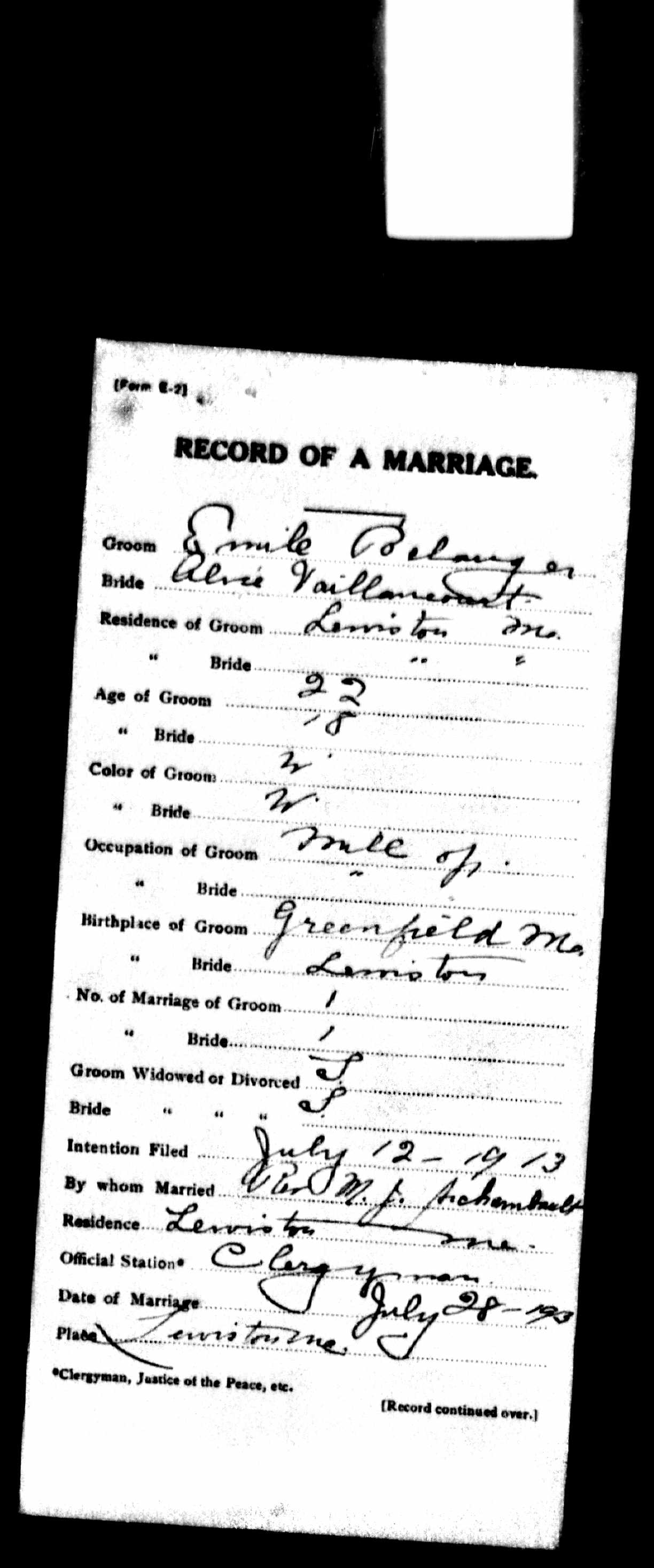 Enregistrement du mariage, recto Enregistrement du mariage, recto
