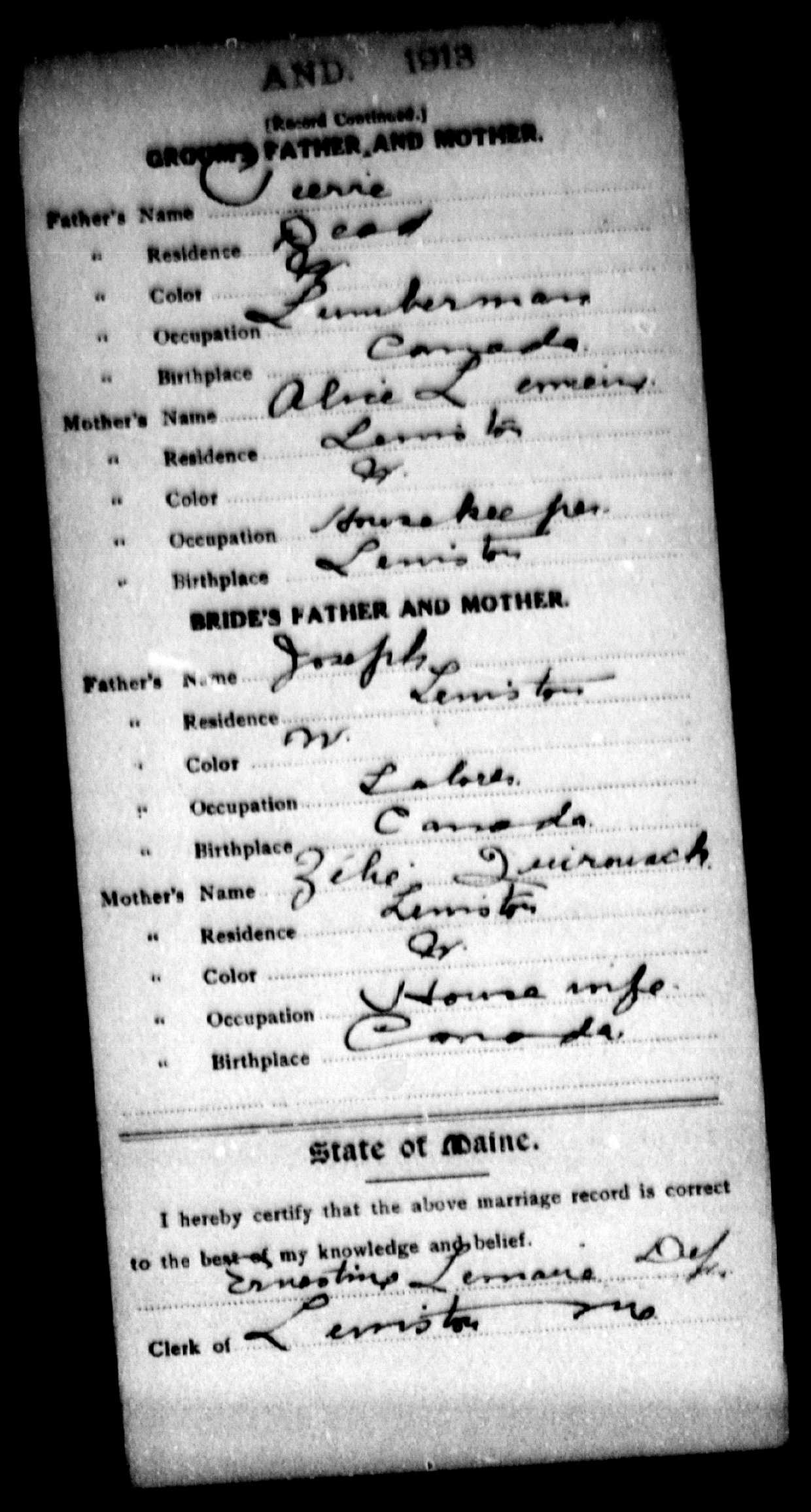 Enregistrement du mariage, verso Enregistrement du mariage, verso