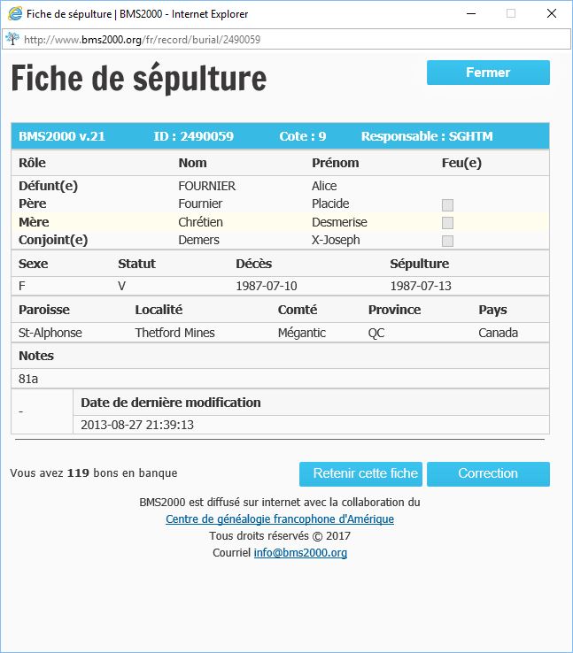 Fiche de sépulture de la base de données BMS2000